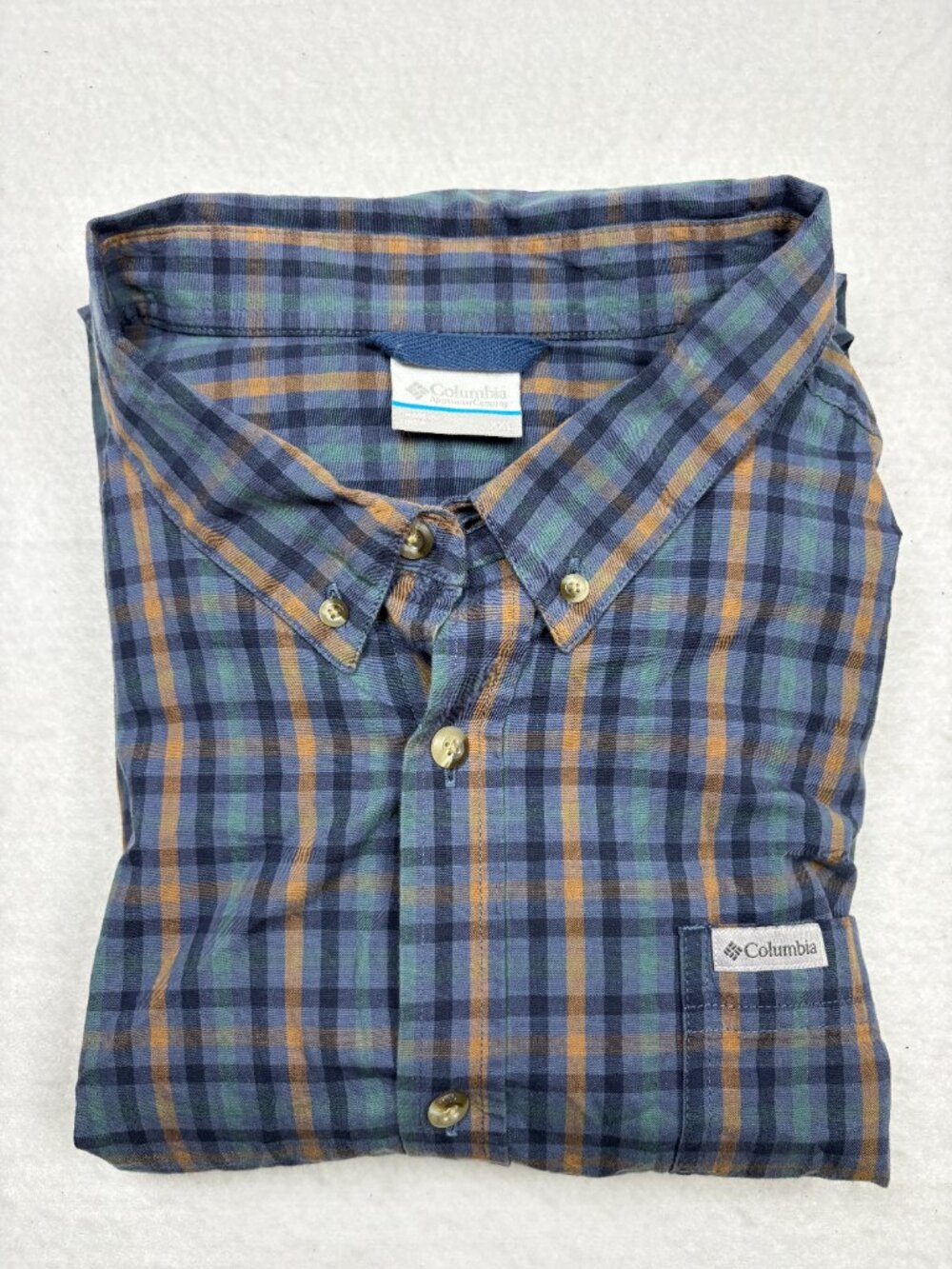 Columbia Blue Orange Plaid Button Down Long Sleeve Shirt Cabincore Gorpcore XXL
